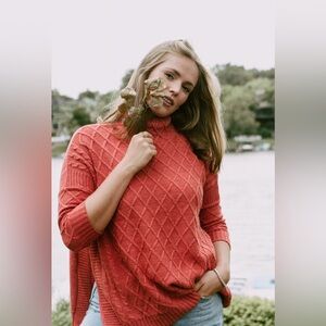 Mer Sea The Lisbon Traveler Coral orange mock neck cable knit one size